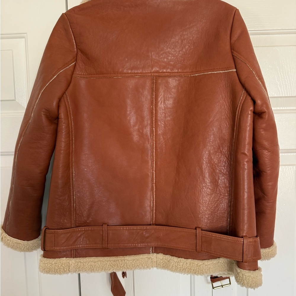 Rebecca Minkoff Sienna Tan Leather Moto Jacket with Cream Shearling - Picture 6 of 9